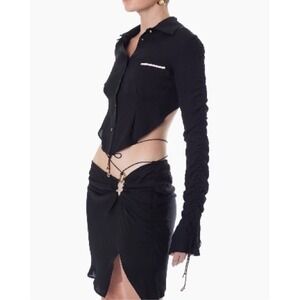 Han Wen Studio Womens Black 100% Silk Ruched Asymmetrical Avant‎ Garde Skirt S